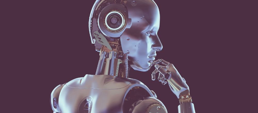 A robot contemplates the ethics of AI.